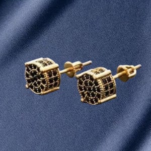 Boucles d'oreilles homme minimalistes en moissanite diamants ronds noirs onyx vissés or jaune 14 carats Cadeau pour elle / lui Argent sterling 925