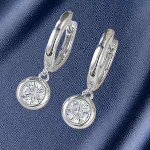 Bezel Set Diamond Minimalist Drop/Dangle Earring 14K White Gold Clip-On Dainty Round Moissanite Handmade Womens Earrings 925 Sterling Silver