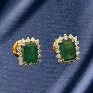 Emerald Cut Green Diamond Women&#39;s Stud Earrings 14K Yellow Gold Handmade Gift Earrings For Her Halo Diamond Earrings 925 Sterling Silver