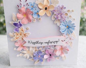 3D Floral Wreath Card | Pastel Flowers, Elegant Birthday, Mother's Day (15x15 cm)