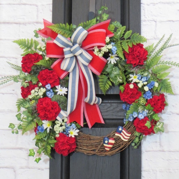 Patriotic Wreath For Front Door, Patriotic Floral Wreath, Memorial Day Wreath, 4th of July Wreath, Red Geranium Wreath, Summer Wreath