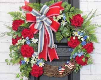 Patriotic Wreath For Front Door, Patriotic Floral Wreath, Memorial Day Wreath, 4th of July Wreath, Red Geranium Wreath, Summer Wreath