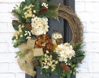 Owl Wreath, Wreath With Owl, Woodland Wreath, Rustic Fall and Winter Wreath, Hydrangea Wreath with Owl,  Owl Decor, Neutral Wreath, Owl Gift