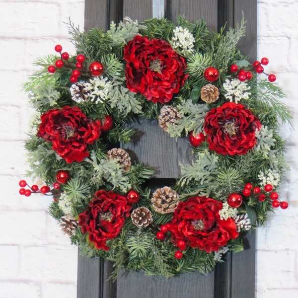 Christmas Wreath, Red Peony Christmas Wreath, Christmas Pine Wreath, Winter Peony Wreath, Christmas Wreath With Red Peonies