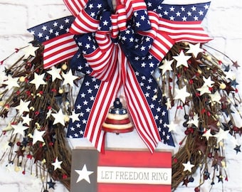 4th of July Wreath, Patriotic Wreath With Stars, Liberty Bell Wreath, Americana Wreath, Let Freedom Ring Wreath, Red White Blue Wreath