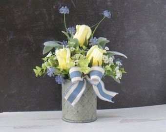 Floral Arrangement, Small Spring and Summer Arrangement, Yellow and Blue Decor, Shelf Decor, Desk Arrangement, Hostess Gift
