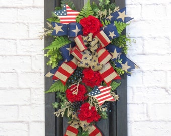 Patriotic Door Swag, Patriotic Floral Swag, Americana Decor, Patriotic Wreath, Red White Blue Wreath, Memorial Day Swag, Red Geranium Wreath