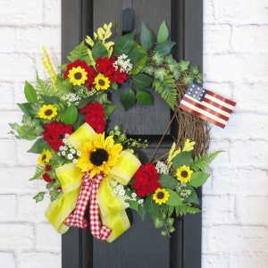 Summer Wreath For Front Door, Sunflower Wreath, Red Geranium Wreath, Patriotic Floral Wreath, Summer Decor, Sunflower Decor image 2