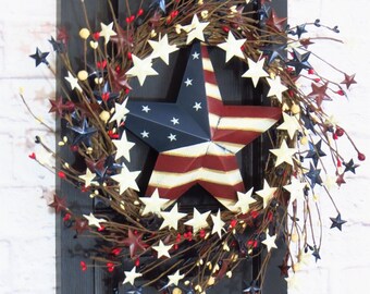 Americana Decor, Patriotic Wreath, Red White and Blue Wreath, Memorial Day Wreath,  July 4th Wreath, Patriotic Wreath with Stars, Barn Star