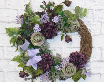 All Seasons Wreath, Plum and Lavender Wreath, Mothers Day Gift, Year Round Wreath, Floral Grapevine Wreath