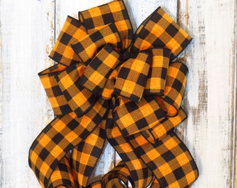 Orange and Black Buffalo Check Bow, Fall Lantern Bow, Fall Wreath Bow, Orange and Black Buffalo Plaid Decor, Halloween Bow, Lantern Swag