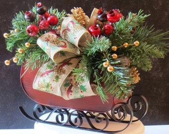 Sleigh Arrangement, Christmas Centerpiece, Sleigh Centerpiece, Old Fashion Sleigh, Sleigh Decor, Mantel Decor, Table Decor