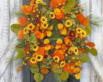 Rustic Sunflower Wreath: Colorful Summer through Fall Grapevine with Hydrangeas, Mini Mums, Berries