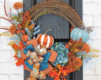 Fall Wreath, Turquoise and Orange Fall Wreath, Fall Decor,  Rustic Fall Wreath,  Fall Grapevine Wreath, Teal and Burnt Orange Wreath