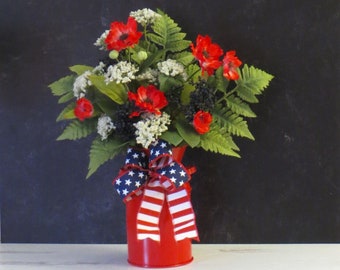 Patriotic Arrangement, Milk Can Arrangement, Red White and Blue Decor, Americana Decor, Summer Floral Arrangement, Stars and Stripes