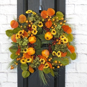 Pomegranate and Sunflower Wreath, Colorful Fall Wreath, Autumn Door Wreath, Rustic Orange Fall Door Wreath, Autumn Floral Home Decor
