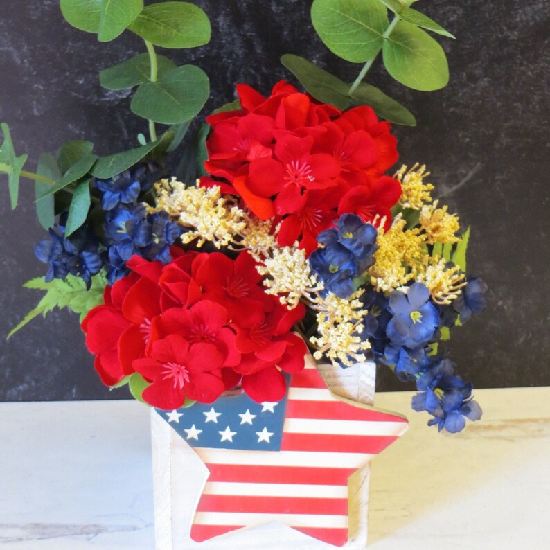 Summer Floral Arrangement, Patriotic Decor, Small Shelf Arrangement, Decor For Desk, Summer Hostess Gift, Rustic Americana Decor image 8