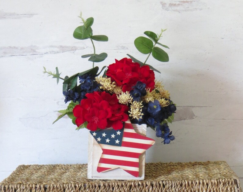 Summer Floral Arrangement, Patriotic Decor, Small Shelf Arrangement, Decor For Desk, Summer Hostess Gift, Rustic Americana Decor image 6