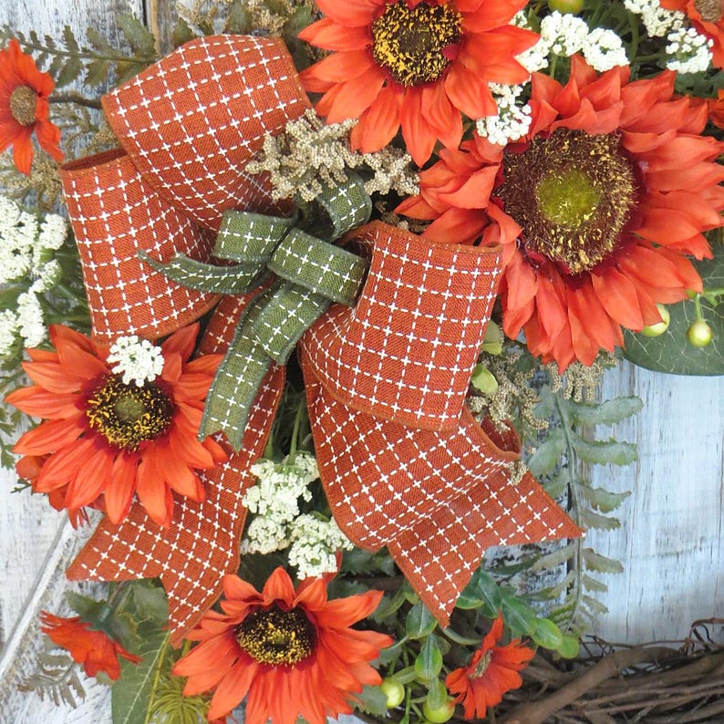Orange Sunflower Wreath: Rustic Grapevine Orange and Green Door Decor image 9