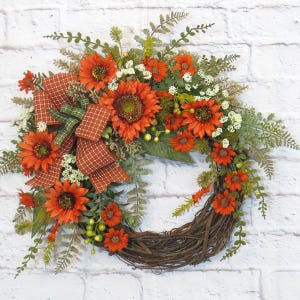 Orange Sunflower Wreath: Rustic Grapevine Orange and Green Door Decor image 11