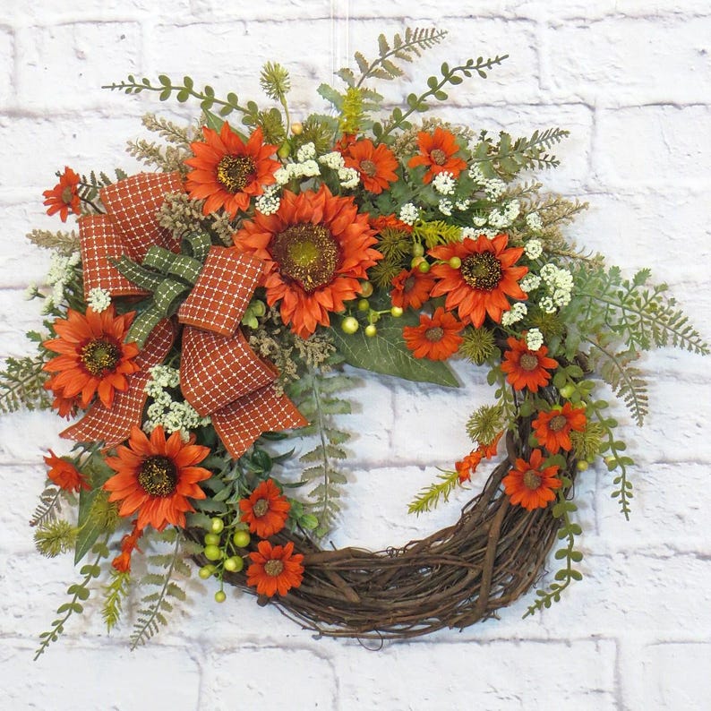 Orange Sunflower Wreath: Rustic Grapevine Orange and Green Door Decor image 11