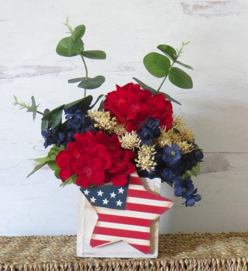 Summer Floral Arrangement, Patriotic Decor, Small Shelf Arrangement, Decor For Desk, Summer Hostess Gift, Rustic Americana Decor image 5