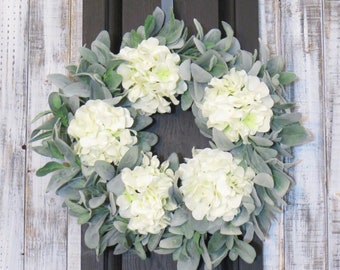 Lambs Ear Wreath With White Flowers,  Any Season Wreath, Neutral Wreath, Everyday Wreath, Lambs Ear Decor, Farmhouse Decor