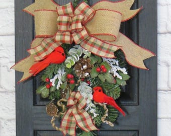 Mini Cardinal Christmas Swag: Country Plaid Bow, Holly, Frosted Pinecones