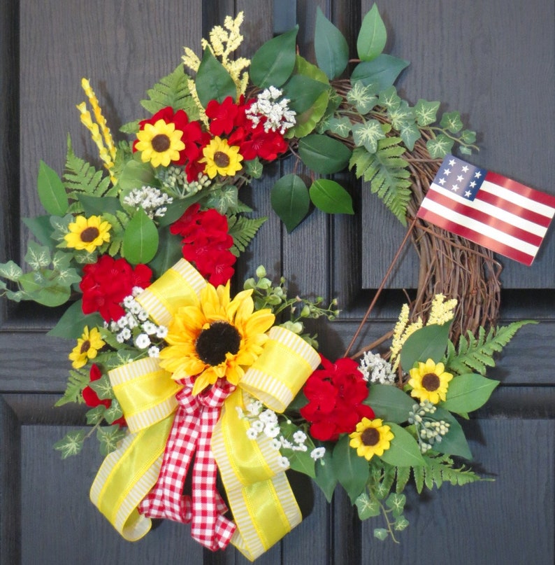 Summer Wreath For Front Door, Sunflower Wreath, Red Geranium Wreath, Patriotic Floral Wreath, Summer Decor, Sunflower Decor image 9