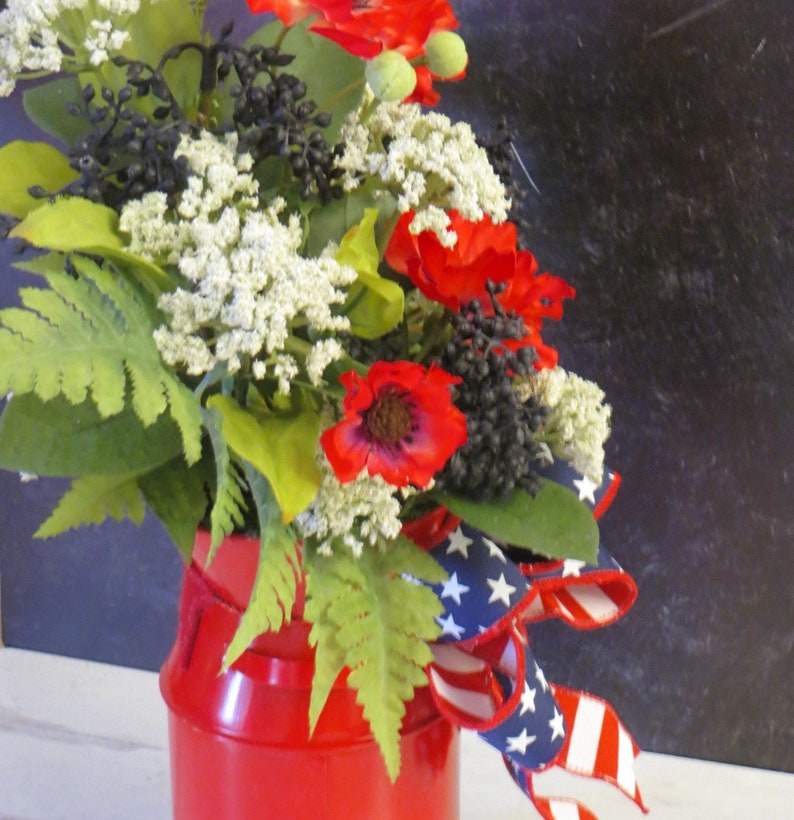 Patriotic Arrangement, Milk Can Arrangement, Red White and Blue Decor, Americana Decor, Summer Floral Arrangement, Stars and Stripes image 6