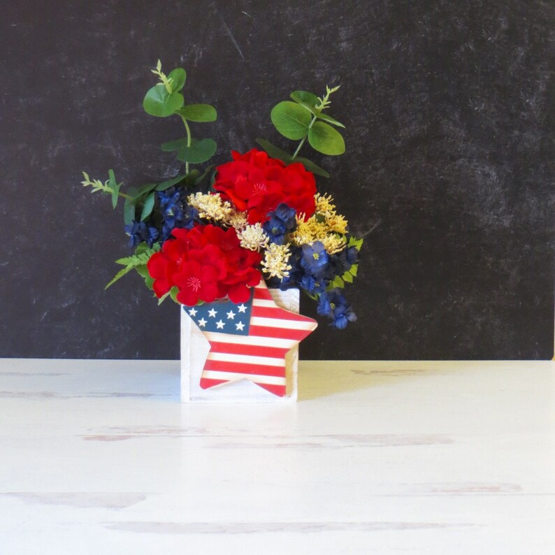 Summer Floral Arrangement, Patriotic Decor, Small Shelf Arrangement, Decor For Desk, Summer Hostess Gift, Rustic Americana Decor image 7