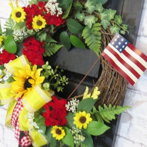 Summer Wreath For Front Door, Sunflower Wreath, Red Geranium Wreath, Patriotic Floral Wreath, Summer Decor, Sunflower Decor image 6