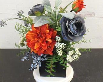 Fall Floral Arrangement: Orange Dahlia and Blue Ranunculus, Lambs Ear and Queen Anne's Lace