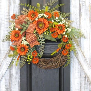 Orange Sunflower Wreath: Rustic Grapevine Orange and Green Door Decor image 14