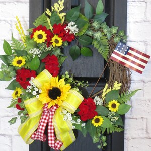 Summer Wreath For Front Door, Sunflower Wreath, Red Geranium Wreath, Patriotic Floral Wreath, Summer Decor, Sunflower Decor image 1