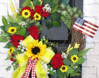 Summer Wreath For Front Door, Sunflower Wreath,  Red Geranium Wreath,  Patriotic Floral Wreath, Summer Decor, Sunflower Decor