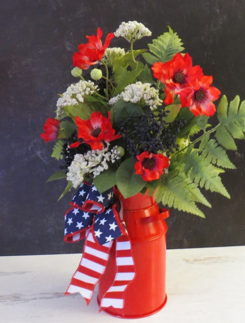 Patriotic Arrangement, Milk Can Arrangement, Red White and Blue Decor, Americana Decor, Summer Floral Arrangement, Stars and Stripes image 7