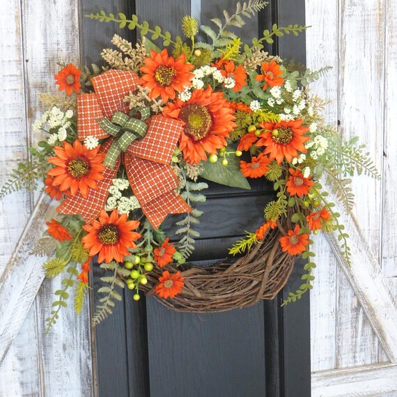 Orange Sunflower Wreath: Rustic Grapevine  Summer and Fall Door Decor