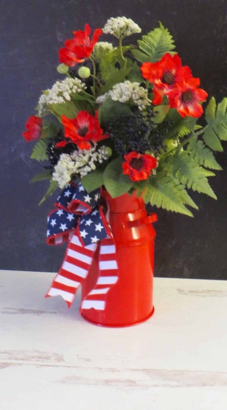 Patriotic Arrangement, Milk Can Arrangement, Red White and Blue Decor, Americana Decor, Summer Floral Arrangement, Stars and Stripes image 8