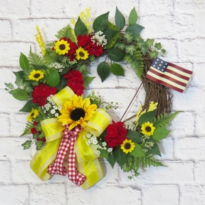 Summer Wreath For Front Door, Sunflower Wreath, Red Geranium Wreath, Patriotic Floral Wreath, Summer Decor, Sunflower Decor image 10