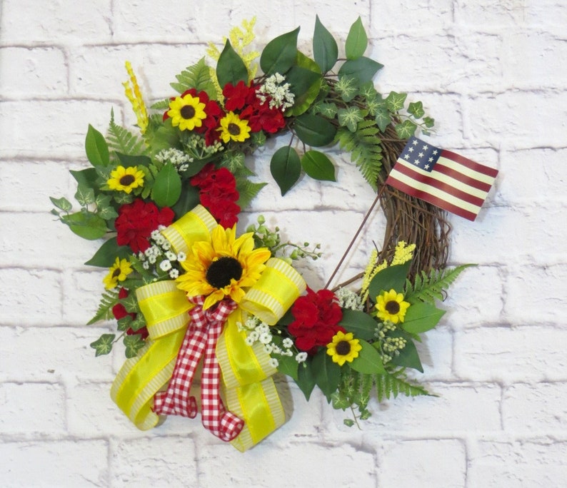 Summer Wreath For Front Door, Sunflower Wreath, Red Geranium Wreath, Patriotic Floral Wreath, Summer Decor, Sunflower Decor image 10