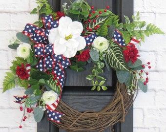 Spring and Summer Wreath, Patriotic Wreath, Red White and Blue Wreath, Floral Patriotic Wreath, Memorial Day Wreath, 4th of July Wreath