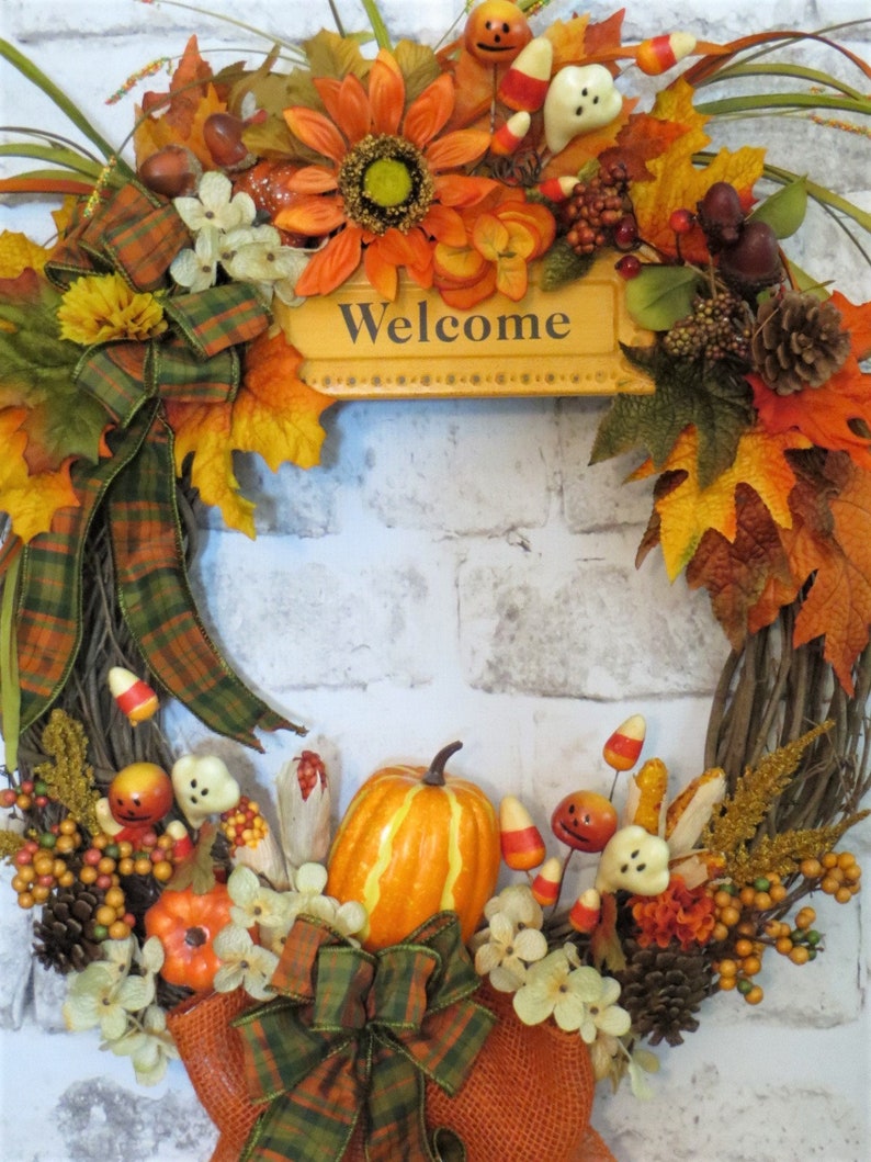 leaves on grapevine Rustic fall wreath with pumpkins pinecones
