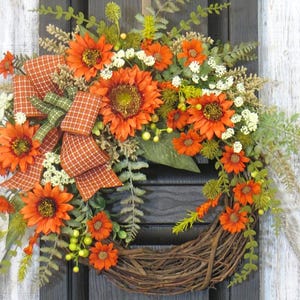 Orange Sunflower Wreath: Rustic Grapevine Orange and Green Door Decor image 15