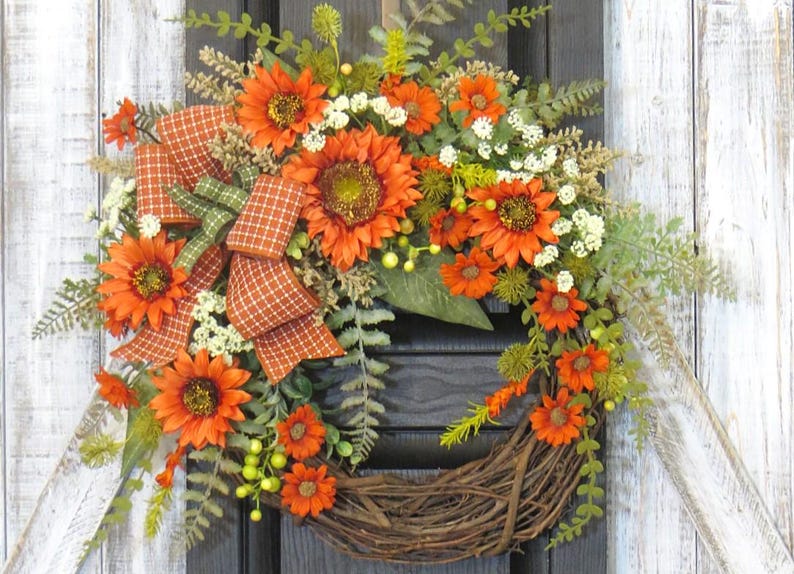 Orange Sunflower Wreath: Rustic Grapevine Orange and Green Door Decor image 15