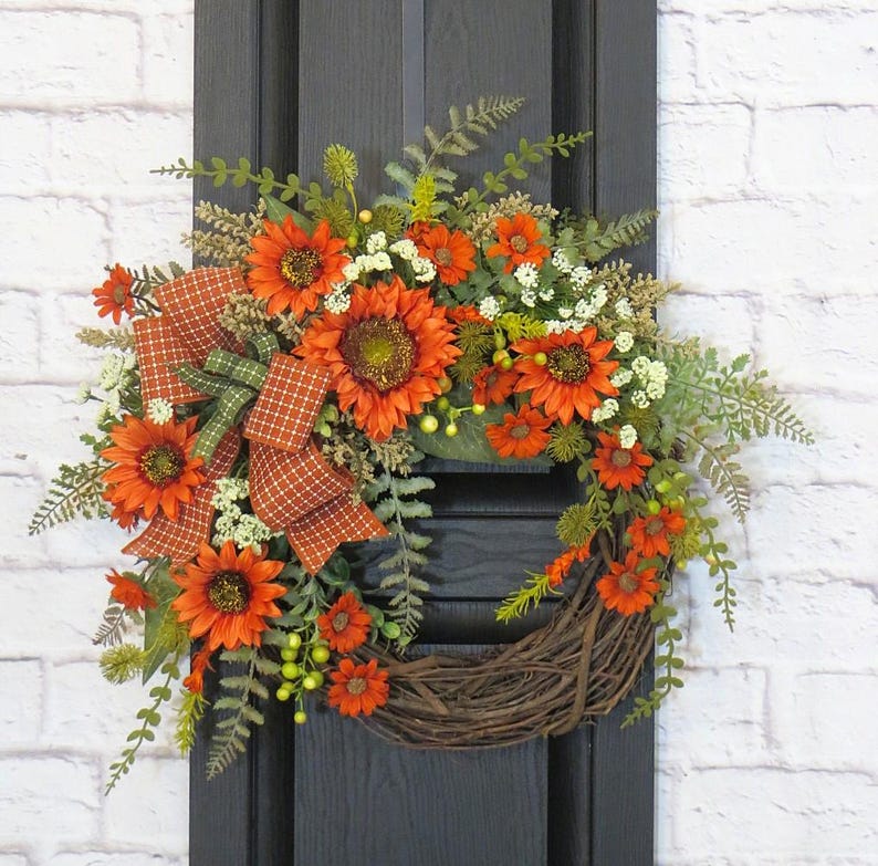Orange Sunflower Wreath: Rustic Grapevine Orange and Green Door Decor image 3