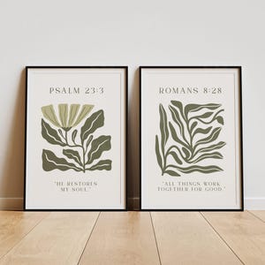 Sage Green Botanical Scripture Prints | Romans 8:28, Psalm 23∶3 Wall Art