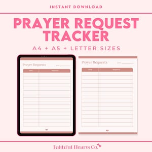 May include: A digital download featuring a prayer request tracker. The design includes a tablet displaying a digital version and a printed version of the tracker. The text "PRAYER REQUEST TRACKER" is displayed in pink, along with size options.