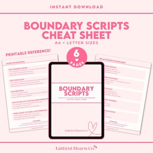 Op de afbeelding: Een digitale download met de titel "Boundary Scripts Cheat Sheet" in roze en wit. De afbeelding toont een tablet met de titel en pagina's met details over werk- en relatiegrenzen. De tekst bevat "Direct downloaden" en "A4 + Letter formaten".