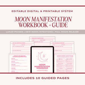 Pode incluir: Um sistema de caderno de exercícios e guia de manifestação lunar, editável, digital e imprimível. O conjunto inclui dez páginas guiadas com folhas de trabalho para fases lunares, intenções e libertação, exibidas num tablet.